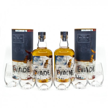 2 Bouteilles de Whisky France Evade Single Malt 40° 70cl + 6 verres offerts